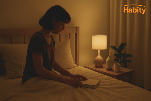 Warm ambient bedroom with soft lighting, natural linen bedding, and calming sleep ritual inspired by Habity wellness philosophy.