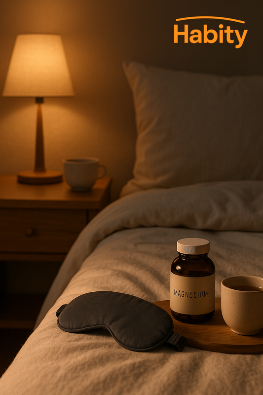 Habity bedtime routine with magnesium supplement, soft sleep mask, and herbal tea in a cozy bedroom setting