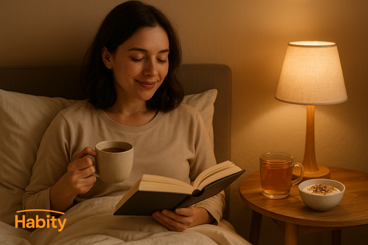 Habity gut health and sleep connection concept with cozy bedroom, herbal tea, and prebiotic snack