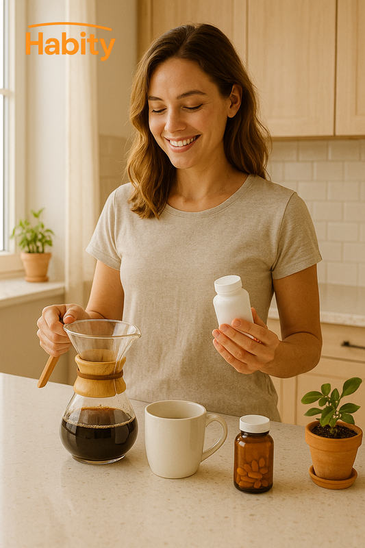 Habity habit stacking with morning coffee and daily supplement in a bright kitchen