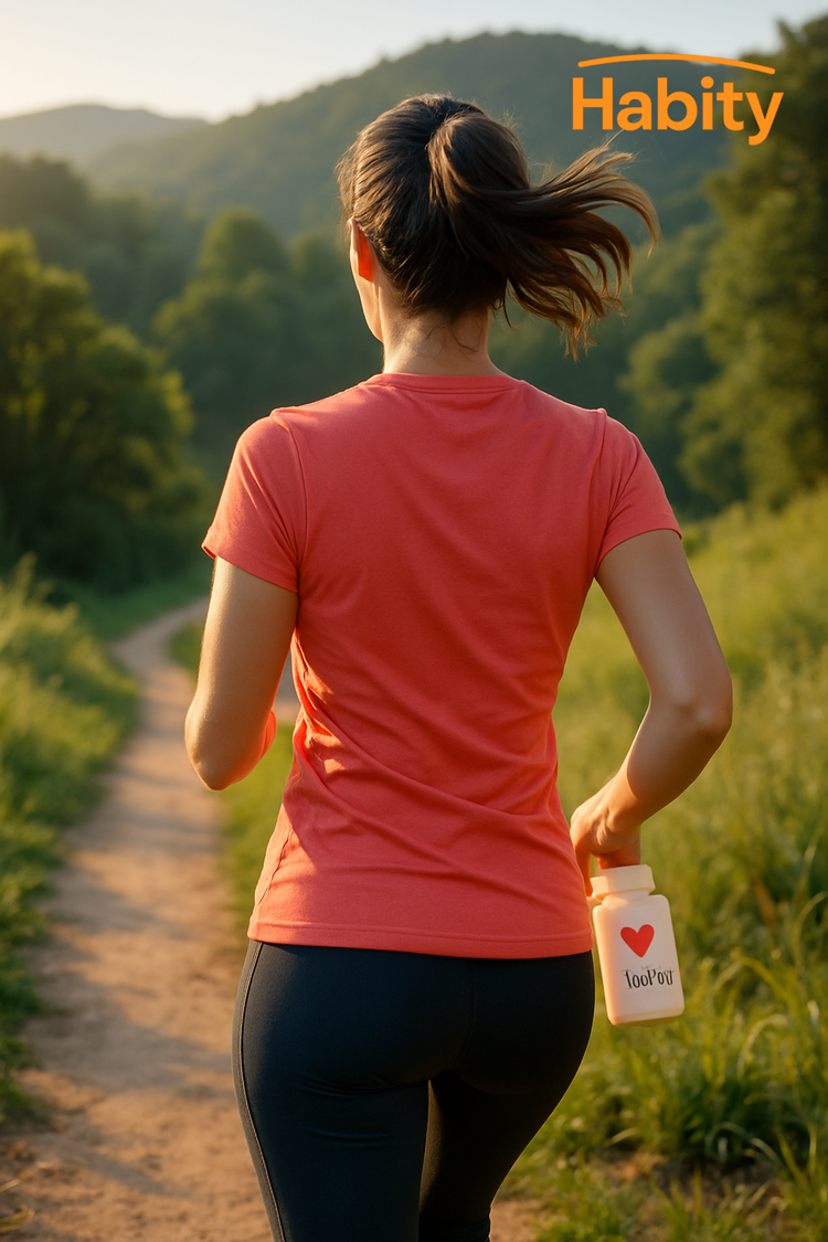 A woman jogs along a sunlit nature trail holding a Habity supplement bottle, capturing a heart-healthy morning routine focused on cardiovascular wellness.