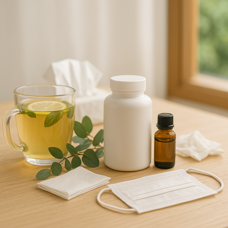Habity respiratory and allergy relief lifestyle image with herbal tea, eucalyptus, unlabeled supplement bottle, essential oil, tissues, and allergy mask on wooden table in natural light