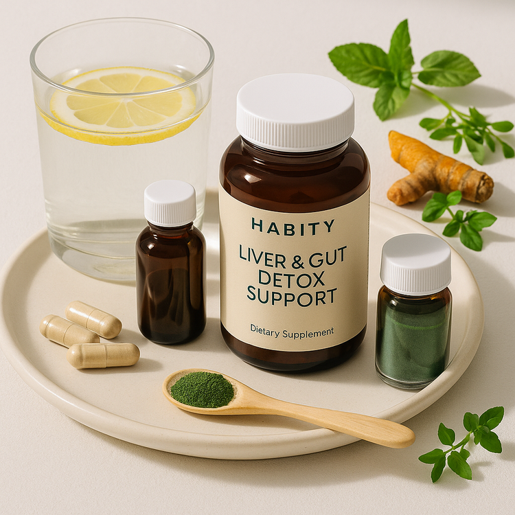 Habity Liver & Gut Detox Support supplement displayed with lemon water, turmeric, mint, chlorella powder, and capsules—capturing a clean morning detox ritual.
