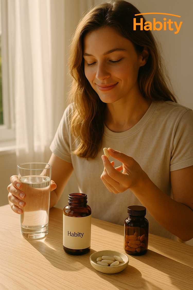 A young woman enjoys her morning vitamin routine in soft sunlight by the window, holding a glass of water and Habity immune support supplements—embracing daily wellness with intention.