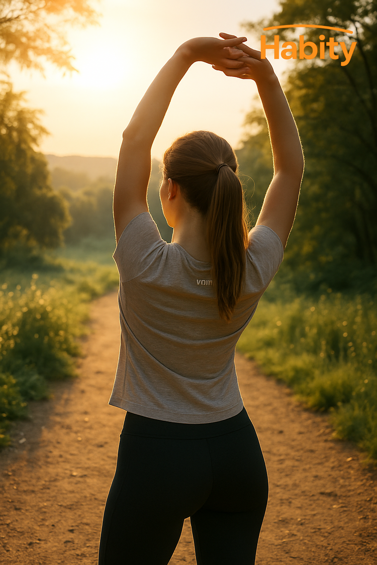 A woman stretches under the morning sun on a forest trail, embodying Habity’s approach to natural energy and mitochondrial support through mindful movement and sunlight.