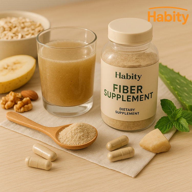 Habity Fiber Supplement bottle with fiber drink, powder, capsules, and natural ingredients like banana, oats, aloe, and mint—highlighting a gentle daily gut regularity ritual.