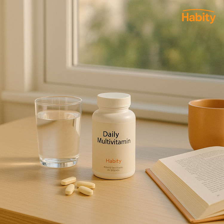 Daily multivitamin and water glass on a sunlit morning table, promoting healthy habits and foundational wellness with Habity.