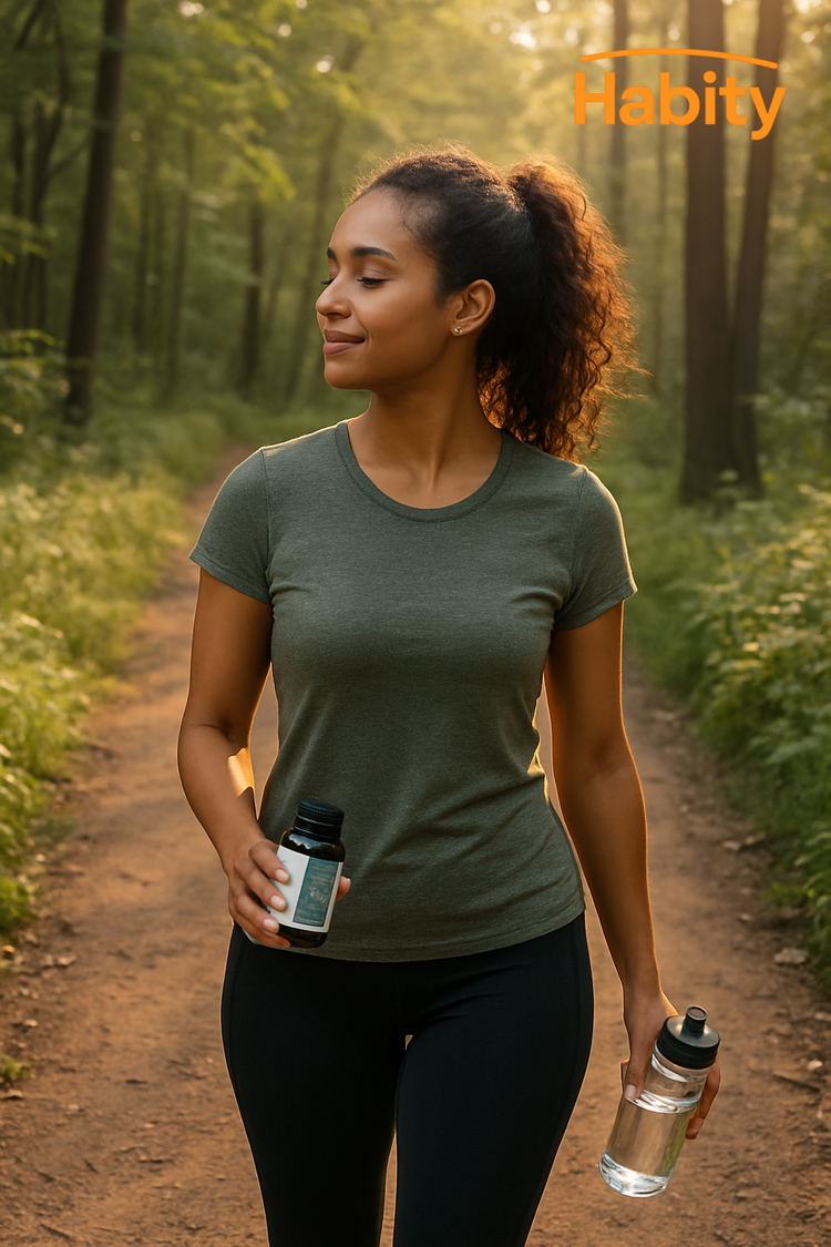 Woman walking through a forest trail with herbal supplements and water—reflecting Habity’s natural path to relaxation.
