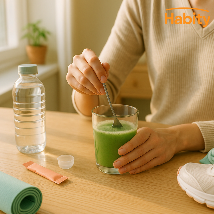 Person stirring a green superfood powder drink in a sunlit kitchen, with a water bottle, powder packet, and yoga mat nearby—representing a daily hydration and wellness ritual with Habity.