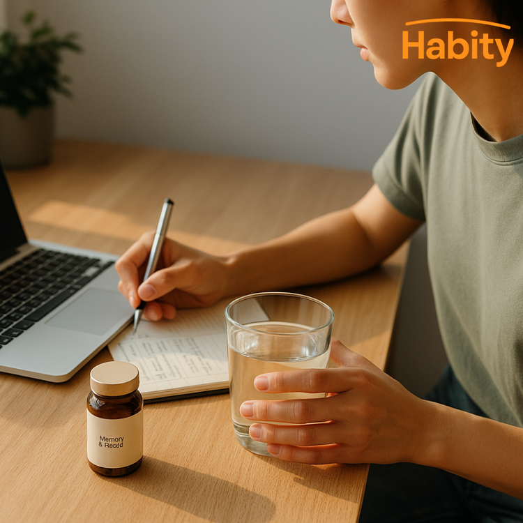 Person writing in a notebook at a sunlit desk with a laptop, glass of water, and a Memory & Focus supplement bottle nearby—illustrating a morning brain support and concentration ritual with Habity.