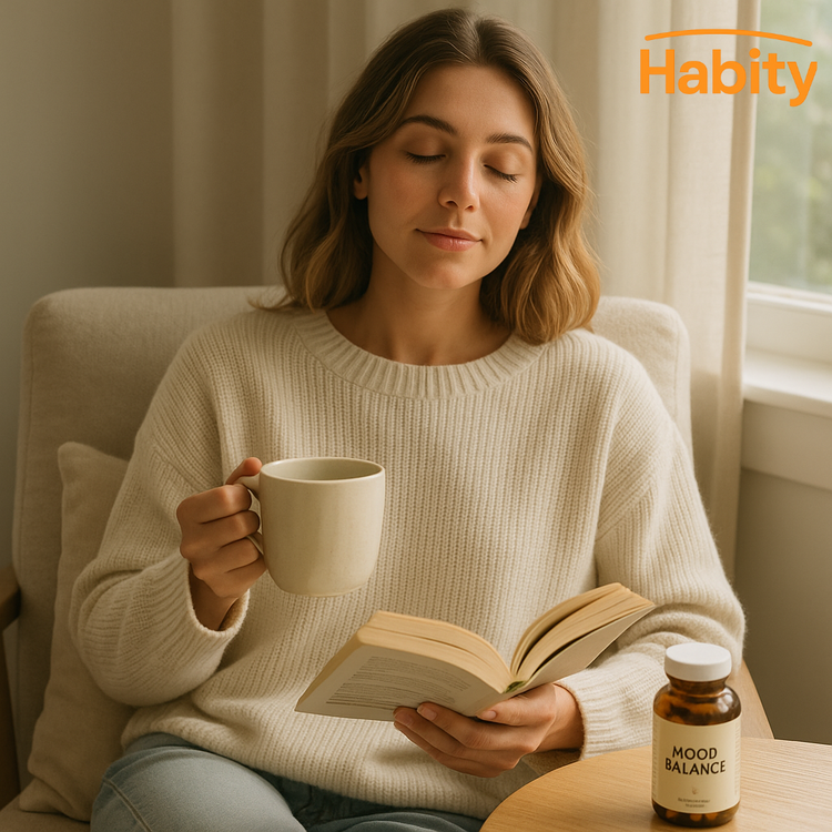 Woman sitting on a cozy bed with soft morning light, eyes closed and hands resting on her chest, surrounded by a journal, mood support supplements, and herbal tea—illustrating a calming emotional balance ritual with Habity.