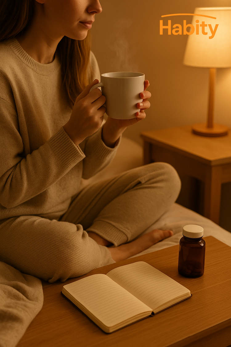 Woman sitting on a cozy bed in warm lighting, holding a steaming mug with a journal and supplement bottle nearby, representing a calming evening routine for mood and stress support with Habity.