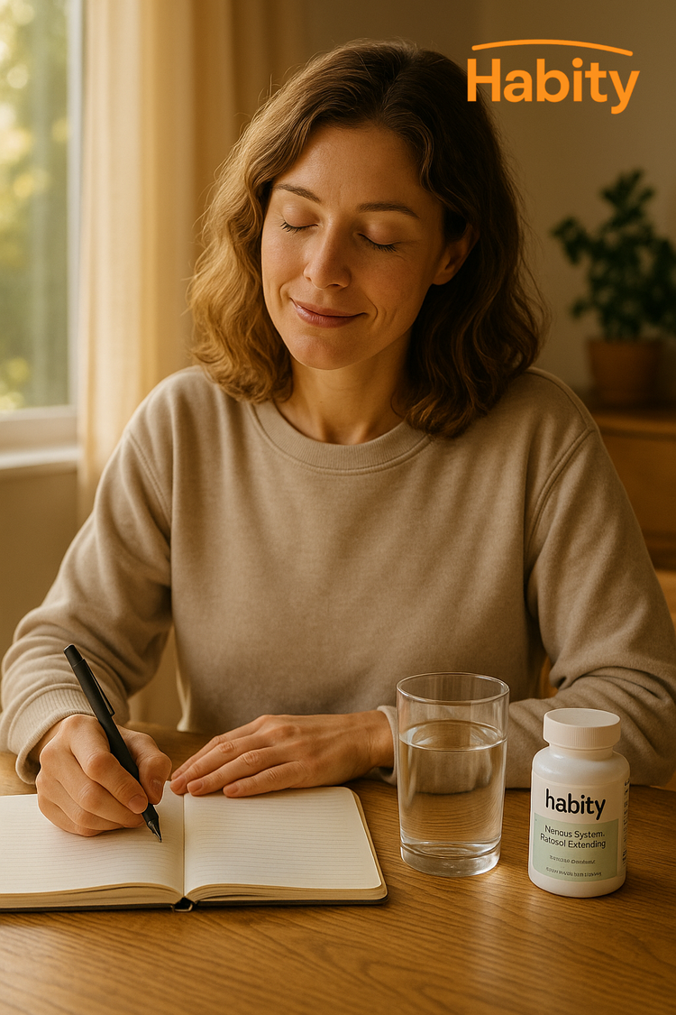 Woman journaling in morning sunlight with a glass of water and Habity supplement—starting the day calm and balanced.