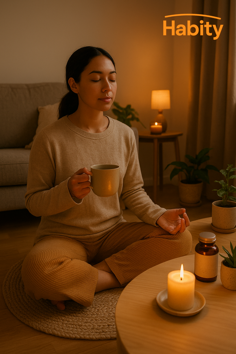Woman meditating cross-legged in a softly lit room with a warm mug in hand, surrounded by candles, supplements, and plants—representing an evening stress relief and mindfulness ritual with Habity.