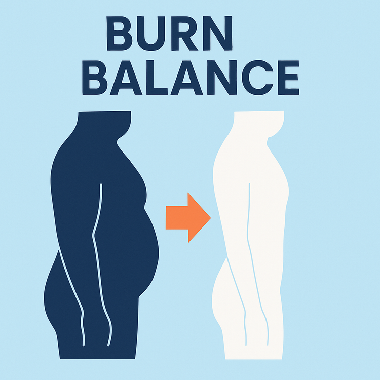 Burn & Balance collection illustration showing a body silhouette transformation from overweight to slim with orange arrow on pale blue background – Habity Weight Loss Supplements