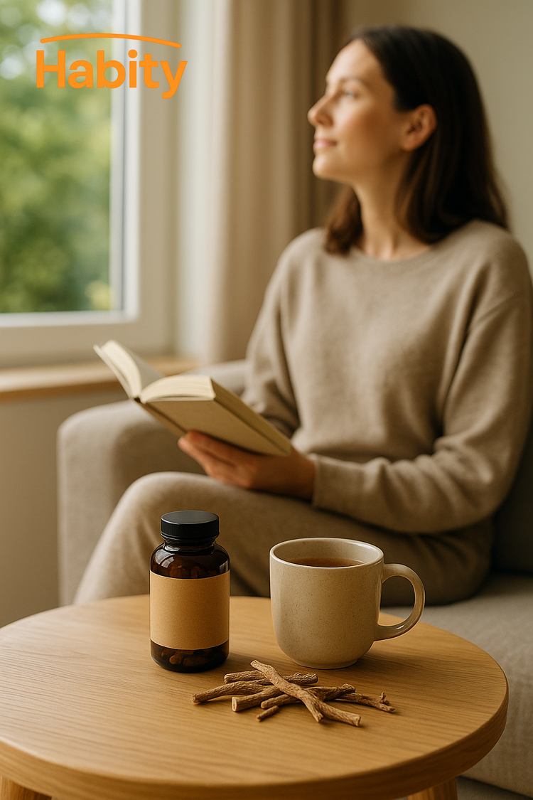 Habity adaptogens and stress support lifestyle image with herbal supplement bottle, herbal tea, and relaxed woman resting by sunlit window