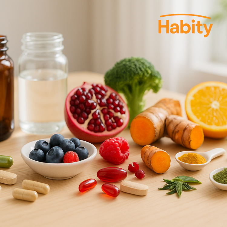 Habity antioxidants and phytonutrients lifestyle image with unlabeled supplement bottles, colorful fruits and vegetables, plant extract powders, and natural sunlight