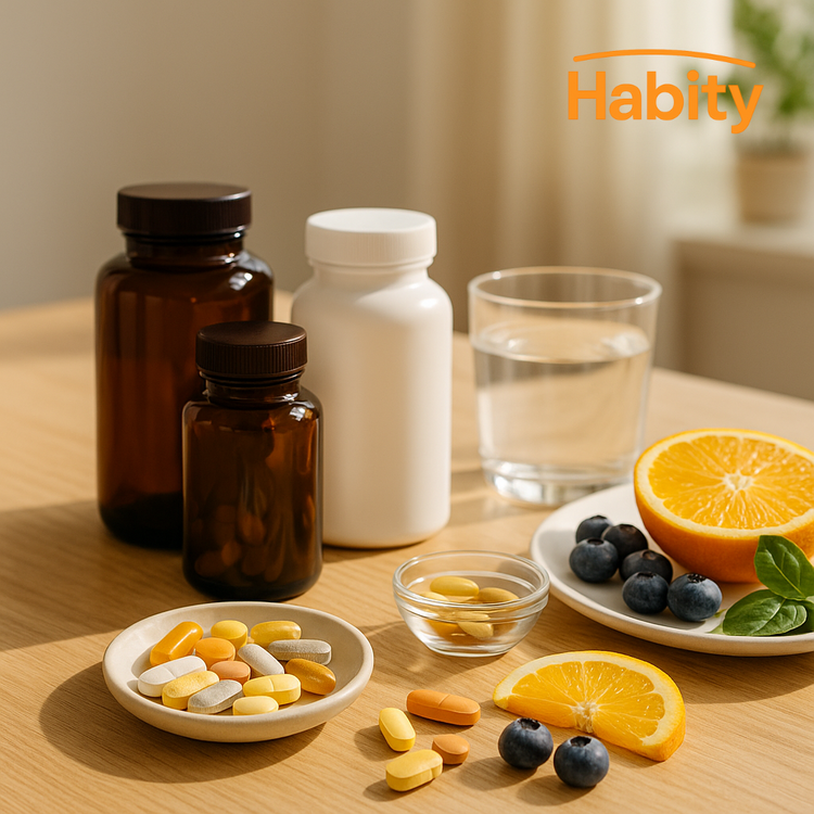 Habity blended vitamin and mineral supplements lifestyle image with unlabeled bottles, assorted colorful capsules and tablets, fresh fruit, and morning sunlight