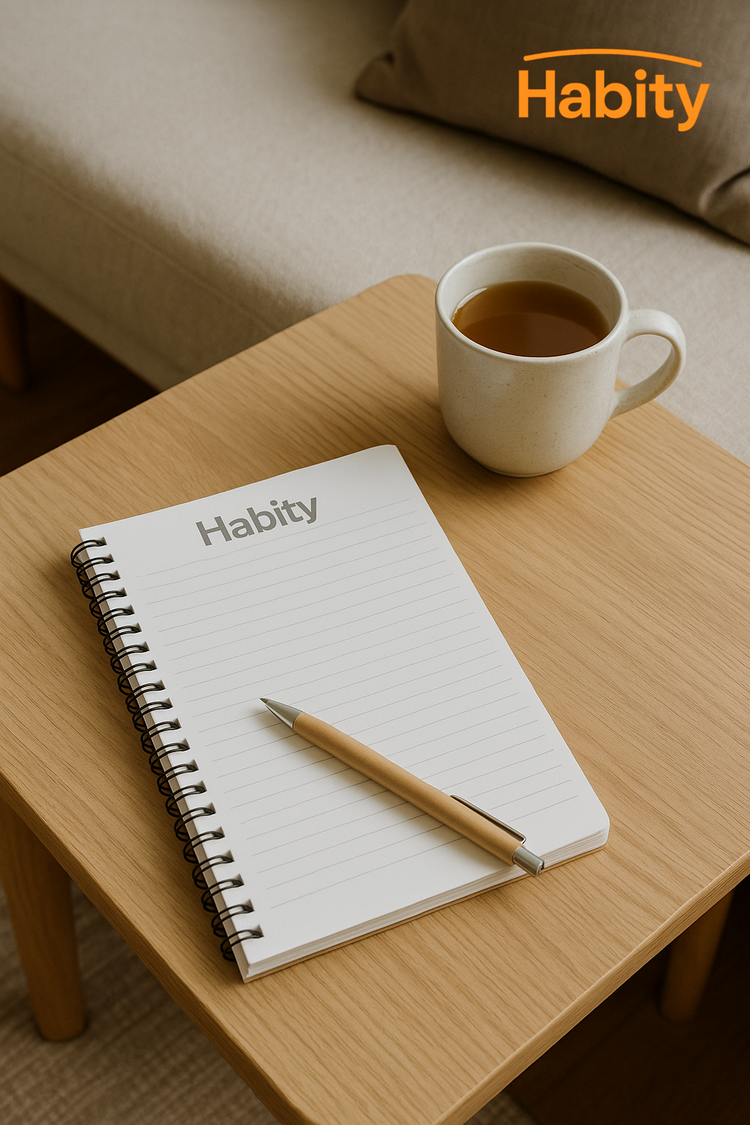 A peaceful living room coffee table scene featuring a warm cup of tea and handwritten notes—reflecting Habity’s mindful approach to cognitive longevity and daily brain wellness.