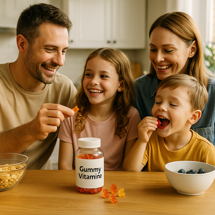 Happy family with parents and two children sharing gummy vitamins at breakfast table, supplement jar and colorful gummies in focus – Habity