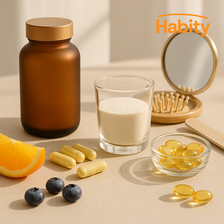Habity hair skin and nails supplements lifestyle image with unlabeled bottles, biotin capsules, collagen powder, vitamin E softgels, fresh fruit, and beauty accessories