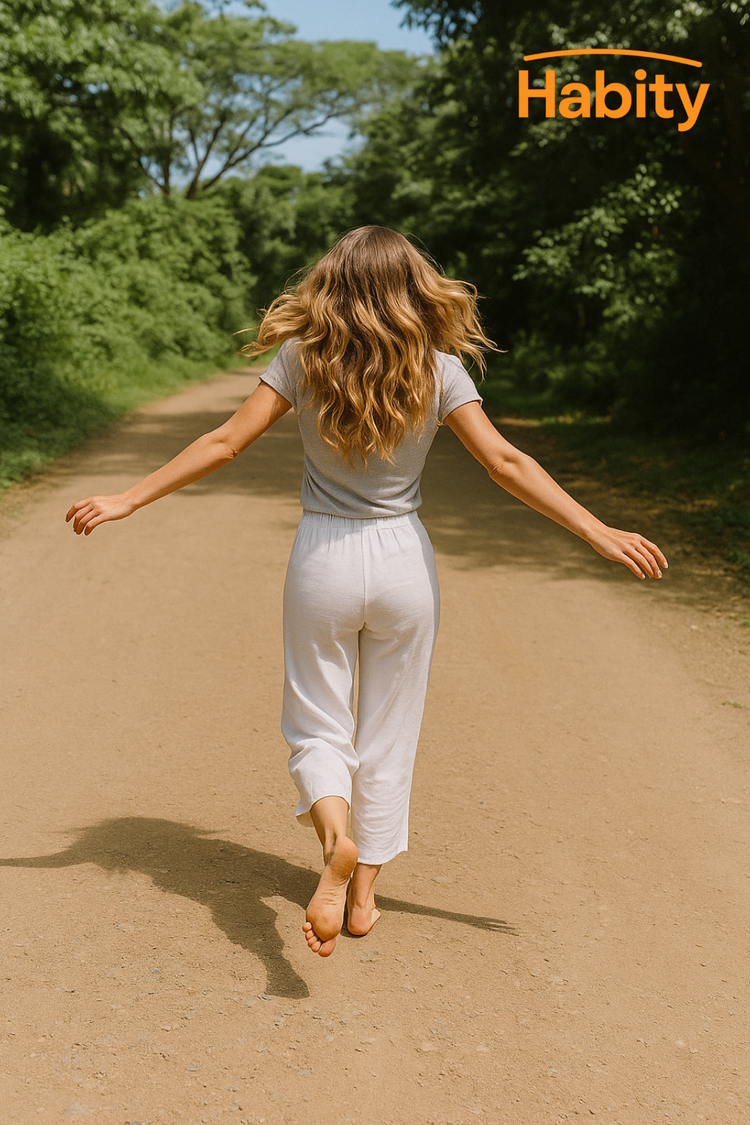 A young woman runs barefoot with joy along a sunlit forest path, her white outfit flowing as she moves—capturing the spirit of vitality and freedom supported by Habity’s longevity supplements.