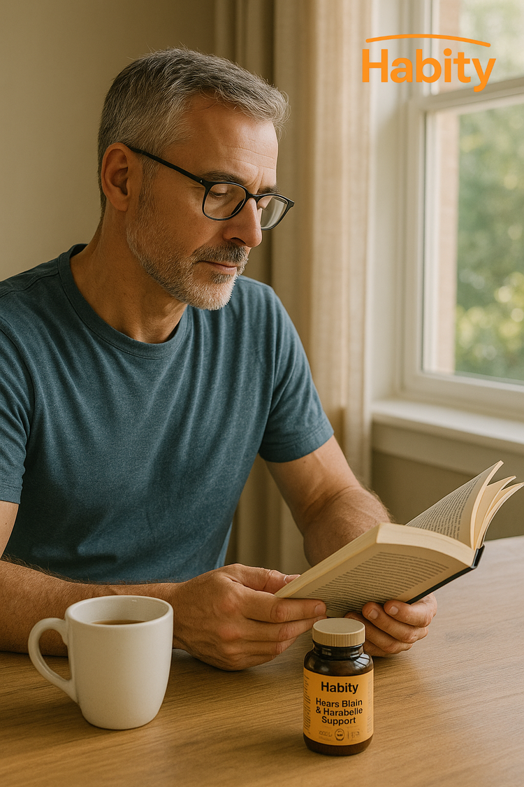 A middle-aged man reads a book peacefully by the window during a quiet morning, with a bottle of Habity Heart, Brain & Metabolic Support supplements and a mug of tea beside him, representing mindful wellness for men.