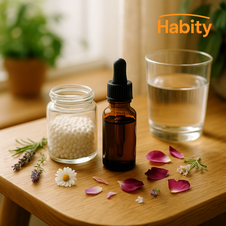 Habity homeopathy and flower essences lifestyle image with glass dropper bottle, white pellet jar, fresh flower petals, and glass of water on sunlit wooden table