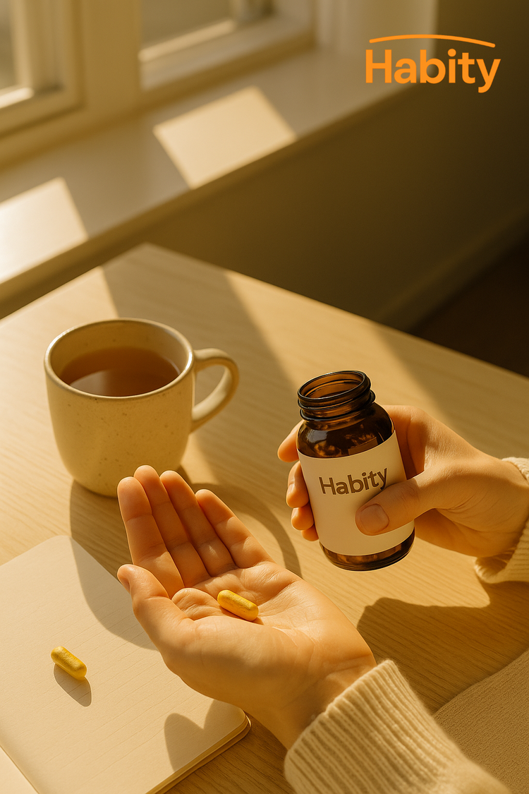 A person’s hands gently pick up daily vitamins next to a cup of herbal tea on a sunny morning table, embodying Habity’s approach to immune and inflammation balance through mindful rituals.