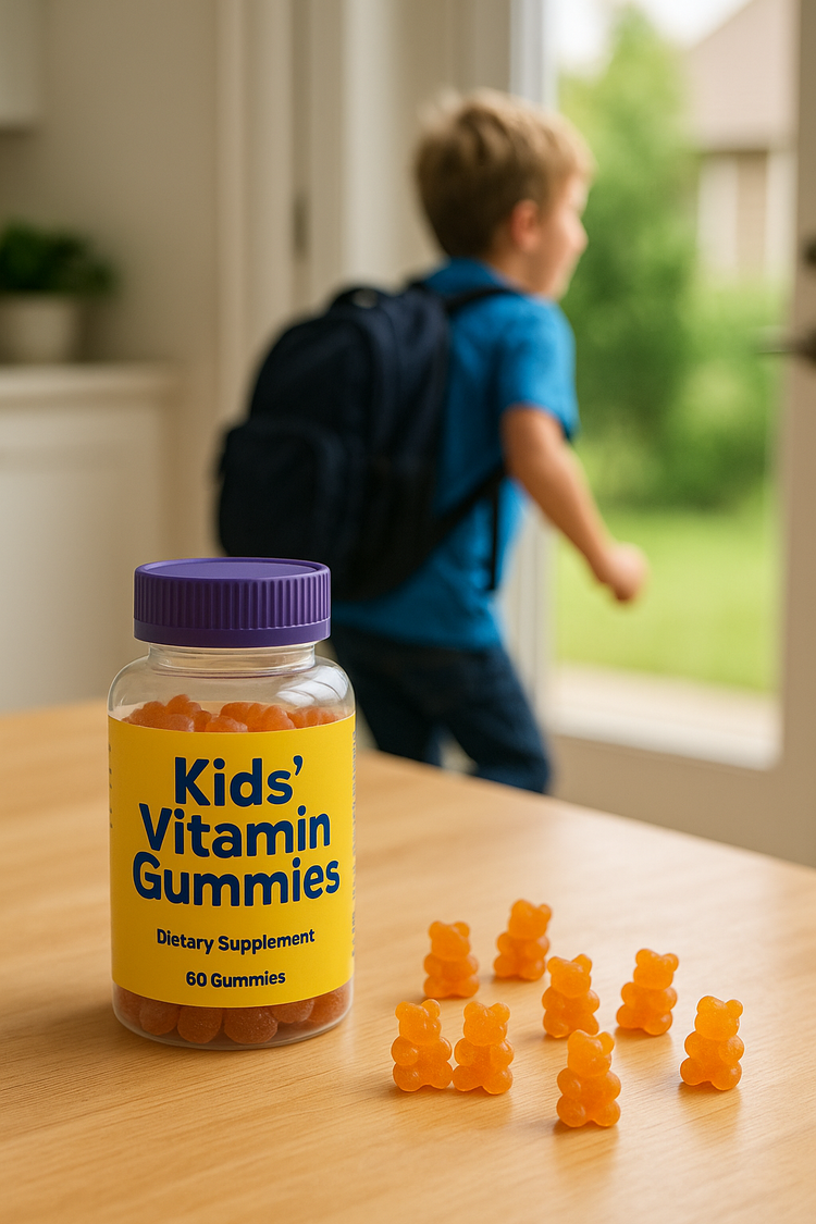 Kids’ vitamin gummies supplement bottle on kitchen table with gummy bears, child wearing backpack running to school in background – Habity