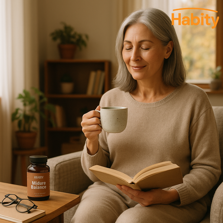 A serene midlife woman enjoys a calming moment with a cup of tea and a Habity Menopause & Midlife Balance supplement, sitting in a cozy room filled with natural light and warmth.