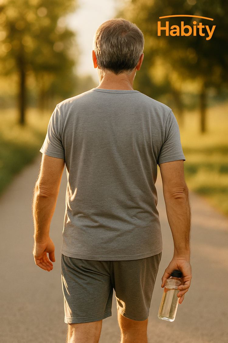 A middle-aged man begins his morning walk on a quiet tree-lined path, embracing a heart-healthy routine with the support of Habity’s Metabolic & Cardiovascular Support collection.