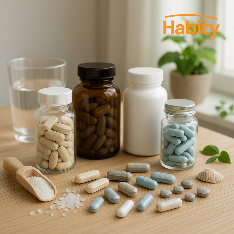 Habity minerals and trace elements lifestyle image with unlabeled supplement bottles, assorted mineral capsules and tablets, mineral powder scoop, and natural elements on wooden table