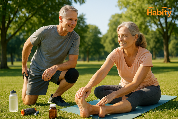 Habity mobility and daily support lifestyle image with active middle-aged couple stretching outdoors, knee support, yoga mat, and natural sunlight