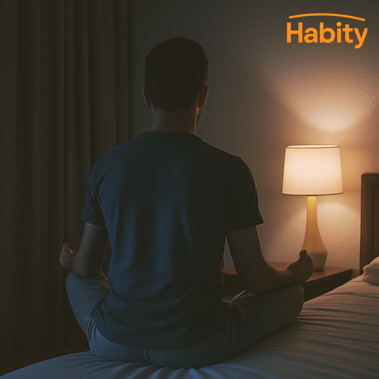 A man meditates quietly on the edge of his bed in a dark bedroom lit only by a soft sleep lamp, with Habity Mood, Stress & Sleep Support supplements placed nearby to enhance his nighttime ritual.