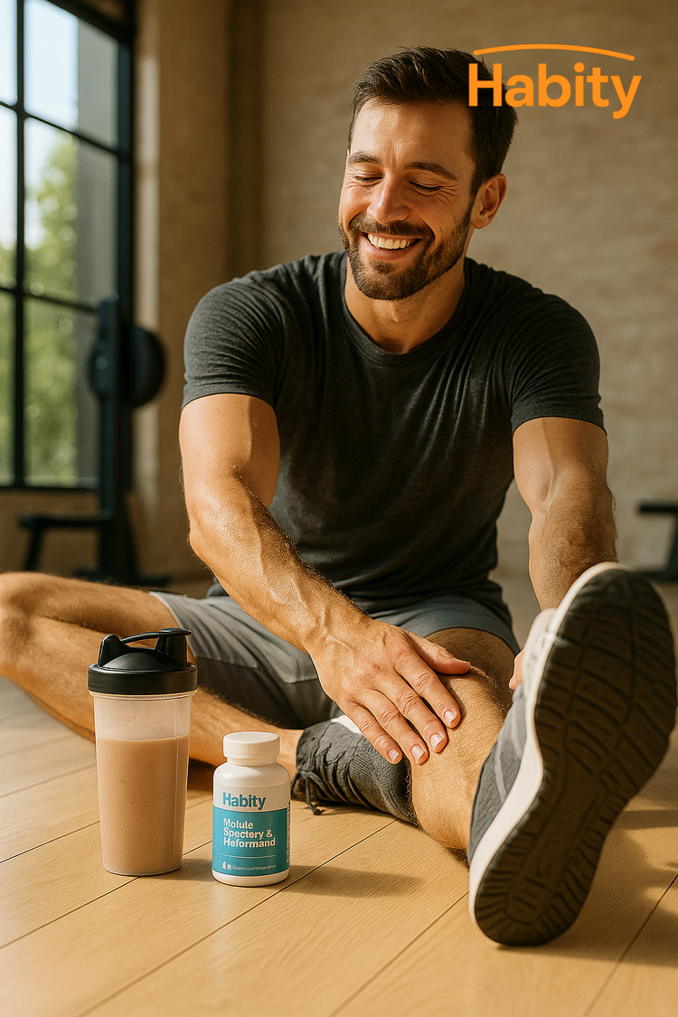 A fit man stretches after a workout in a sunlit gym, smiling as he recovers with a protein shake and Habity Muscle Recovery & Performance supplements, emphasizing natural post-workout support for men.