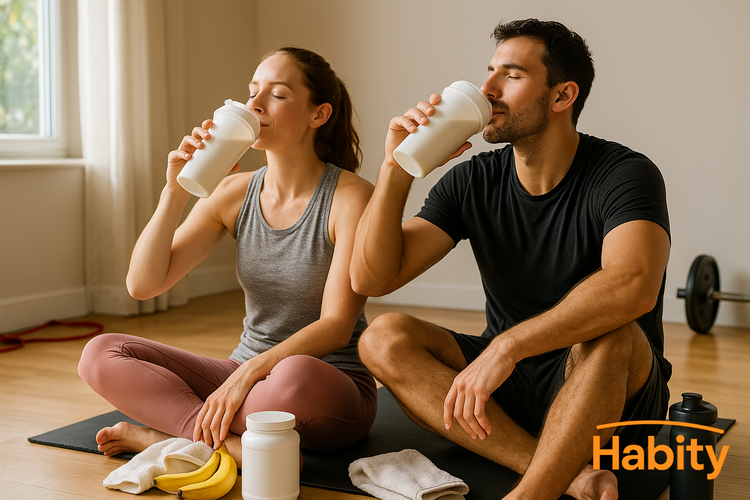 Habity post-workout and recovery lifestyle image with athletes drinking protein shakes on yoga mat, supplement container and towel nearby in sunlit home gym
