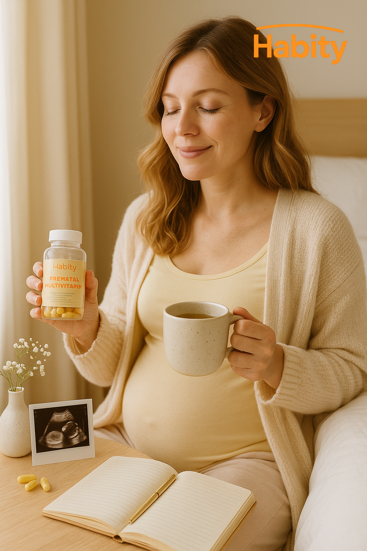 A pregnant woman sits peacefully in soft morning light, holding a cup of tea and Habity Prenatal Multivitamin supplements, with an ultrasound photo and journal beside her, reflecting a calm fertility and pregnancy wellness ritual.