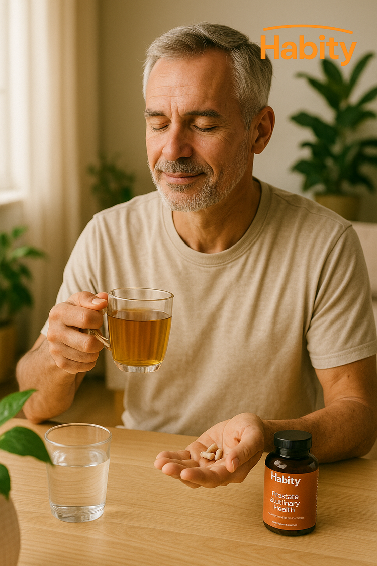 A middle-aged man enjoys a calm morning routine with a cup of herbal tea and Habity Prostate & Urinary Health supplements, supporting natural bladder and prostate wellness in a peaceful home setting.