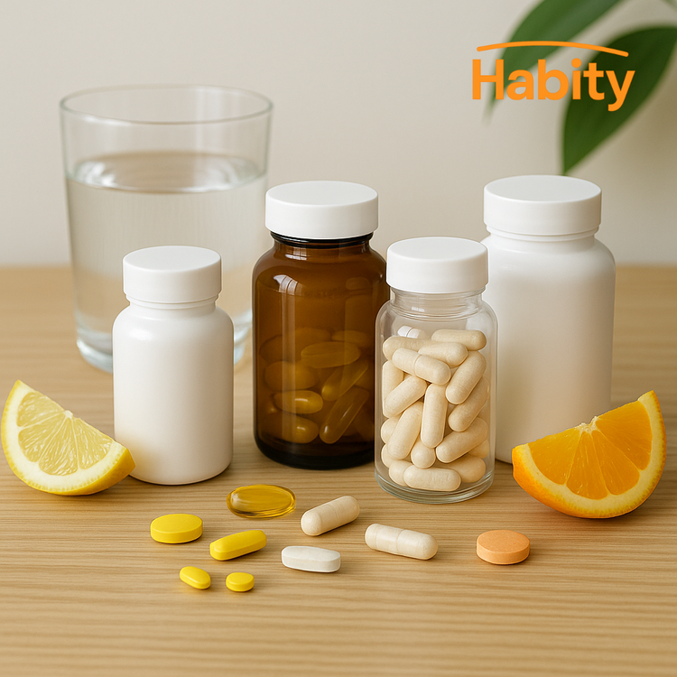 Habity single vitamins lifestyle image with unlabeled supplement bottles, assorted capsules and tablets, glass of water, and citrus fruit slices on wooden table