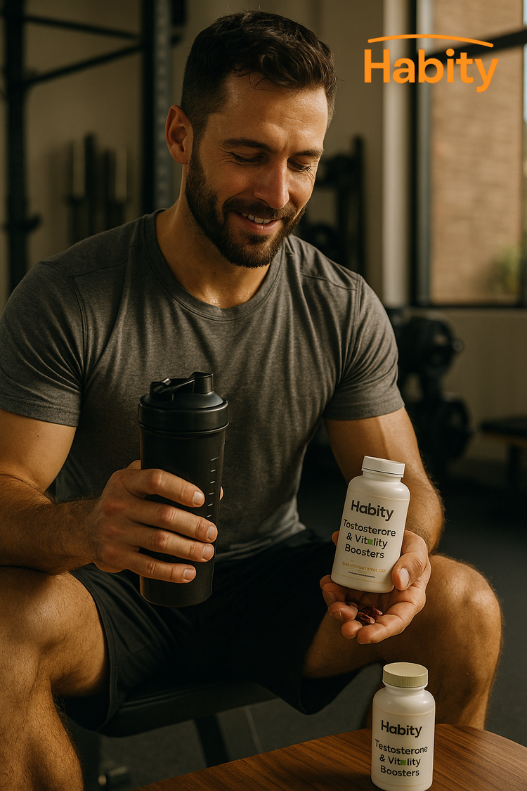 A fit man prepares for his workout routine in a sunlit gym, holding a shaker and a bottle of Habity Testosterone & Vitality Boosters, emphasizing natural male energy and performance support.