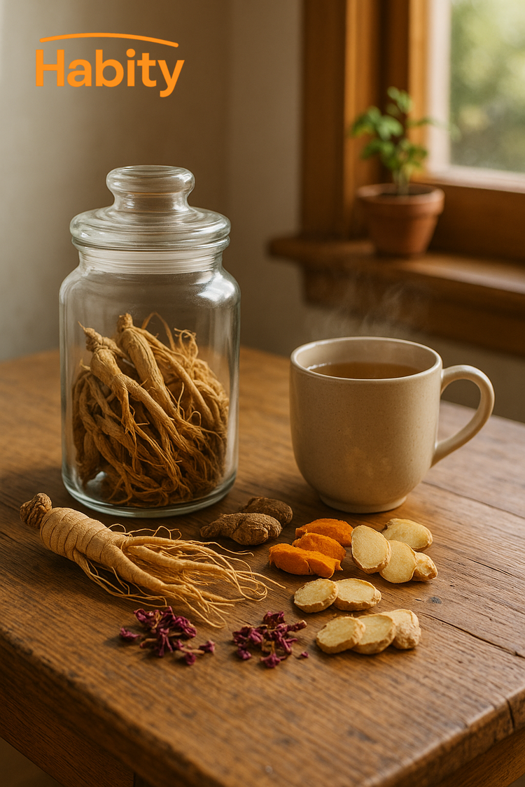 Habity traditional herbal remedies product display with glass jar, dried ginseng, turmeric, ginger, and steaming herbal tea on wooden table in sunlit kitchen