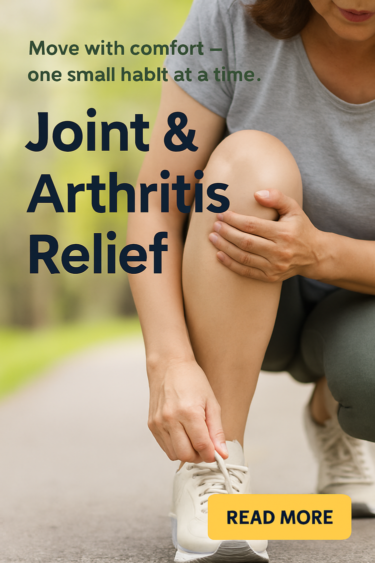 Middle-aged woman tying sneakers before a walk, highlighting Habity Joint & Arthritis Relief for knee comfort and mobility.