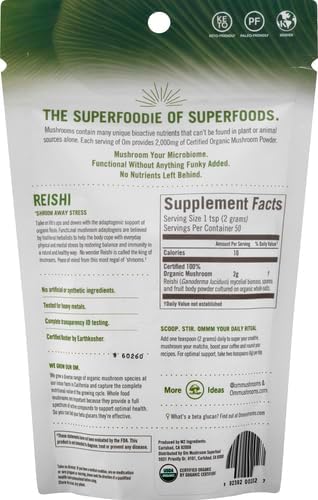 OM MUSHROOM SUPERFOOD Reishi Organic Mushroom Powder, 3.5 Ounce, 50 Servings, Adaptogen, Stress & Immune Support, Superfood Mushroom Supplement