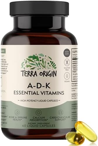 TERRA ORIGIN ADK Essential Vitamins - 60 High Potency Liquid Capsules, Vegan, Non-GMO, Gluten Free, Made in The USA.