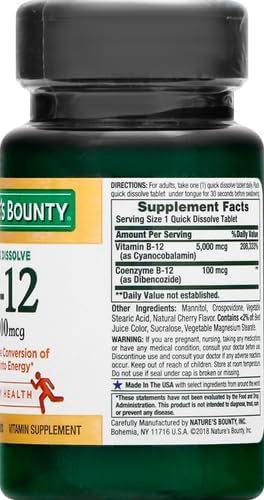 Nature's Bounty Vitamin B12, Quick Dissolve 5000mcg, 40 40 Tablets