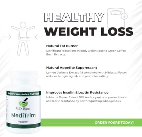 M.D. MediTrim - Expert Formulated Supplement Energy, Satiety, & Physique Goals - Smooth System Balance - Green Coffee Bean, Green Tea, Apple Cider Vinegar, Hibiscus - 90 Capsules