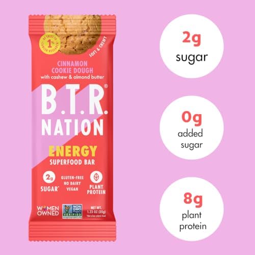 B.T.R. Bar Superfood Keto Protein Bars, Plant Based Vegan Protein, Low Carb Food, Low Calorie, Gluten Free, No Sugar Alcohols, Boosted with Superfoods (4 Pack) (Cinnamon Cookie Dough ENERGY)