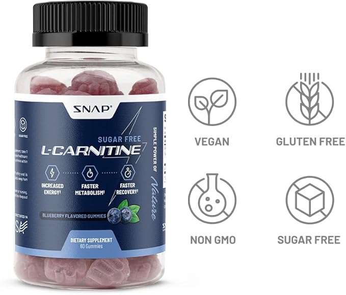 Sugar Free L Carnitine 500mg Gummy - Natural Pre Workout L-Carnitine Supplement - Increased Energy, Faster Recovery, Boost Metabolism, Pre Workout for Women & Men, Blueberry Flavor (60 Gummies)