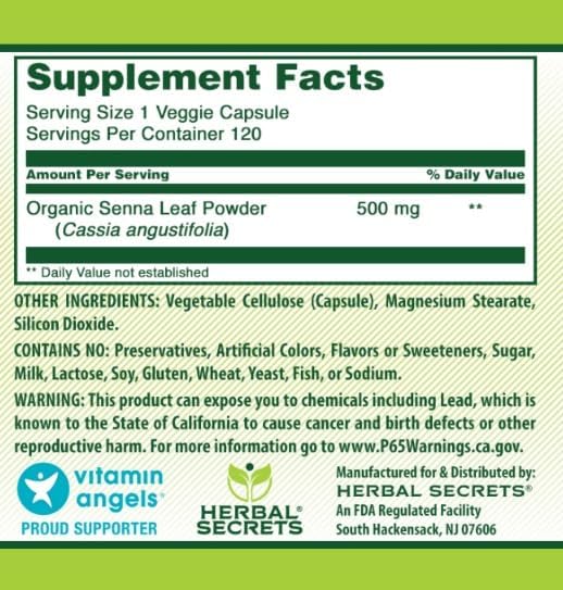 Herbal Secrets Senna Supplement 500 Mg 120 Veggie